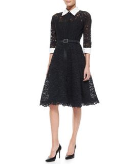Womens 3/4 Sleeve Lace Cocktail Shirtdress with Embellished Buckle Belt  