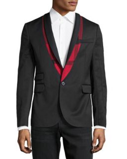 Tailored Twill Plaid Contrast Tuxedo Jacket, Black
