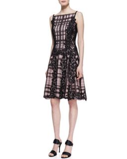 Womens Sequined Lace Panel Embroidered Cocktail Dress, Black/Pale Pink  