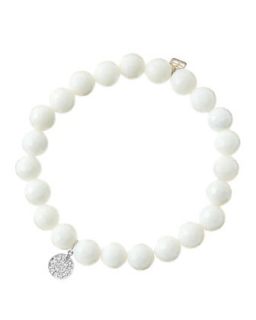 8mm Faceted White Agate Beaded Bracelet with Mini White Gold Pave Diamond Disc