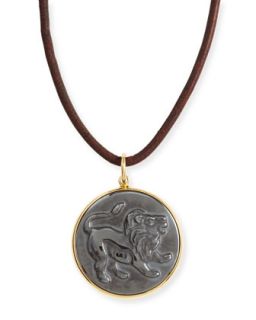 Hematite Leo Zodiac Pendant Necklace on Leather Cord   Syna