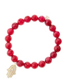 8mm Faceted Red Agate Beaded Bracelet with 14k Yellow Gold/Diamond Medium Hamsa