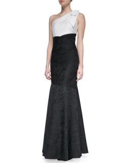 Womens Bow One Shoulder Colorblock Gown, Black/White   David Meister Signature