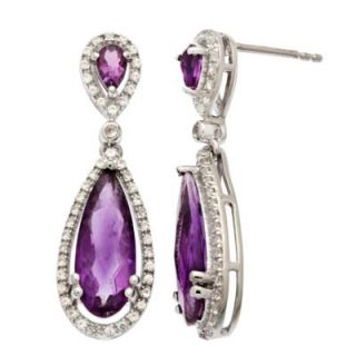 Pear Shaped Amethyst and Lab Created White Sapphire Earrings in