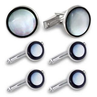 Mens Round Mother of Pearl and Onyx Cuff Links with Shirt Studs Set
