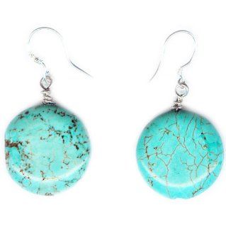 Blue Turquoise disc Earrings on 925 sterling silver hooks Dangle Earrings Jewelry