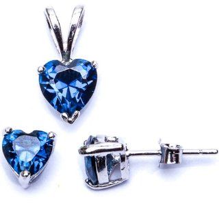 Best Seller Gift Blue Simulated Sapphire Heart Pendant & Earring .925 Sterling Silver Set Oxford Diamond Co Jewelry