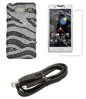 Motorola Droid Razr HD XT926 (Verizon) Premium Combo Pack   Black and Silver Zebra Stripes Diamond Bling Case + ATOM LED Keychain Light + Screen Protector + Micro USB Cable Cell Phones & Accessories