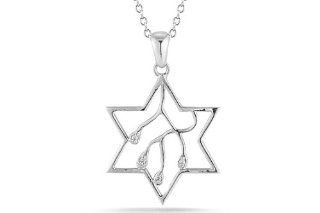 14K White Gold Polish Finish Open "Star of David" Judaica Pendant Centered with the "Tree of Life" Accented with Diamonds (0.03 cttw, G H Color, SI1 SI2 Clarity). Made in Israel. Jewelry