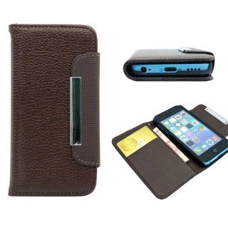 For iPhone 5C Brown Wallet PU Leather Credit Card Holder Magnetic Flip Cover Case Cell Phones & Accessories