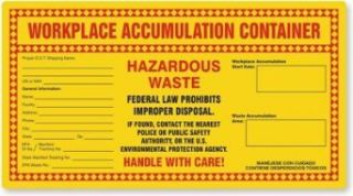 Workplace Accumulation Container   Hazardous Waste, Add, Paper Labels, 24 Labels / pack, 11" x 6" Industrial Warning Signs