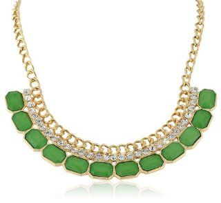 12 Rectangle Stone Shiny Gold and Lime Necklace, 17" Jewelry
