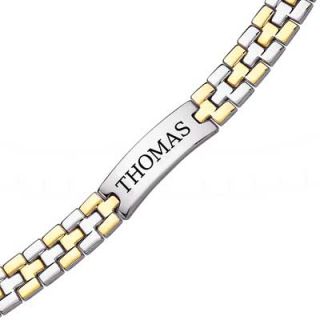 Mens Engraved ID Bracelet in Two Tone IP Stainless Steel (15 Letters