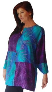 Lotustraders Blouse Tunic Crew Neck Patch Sporty OS XL 1X Purple Turquoise F226