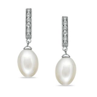 0mm Oval Shaped Cultured Freshwater Pearl and Diamond Accent