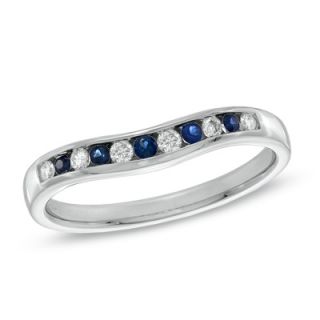 Sapphire and 1/10 CT. T.W. Diamond Contour Band in 14K White Gold