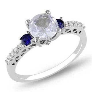 Lab Created White and Blue Sapphire Three Stone Ring with 1/10 CT. T.W