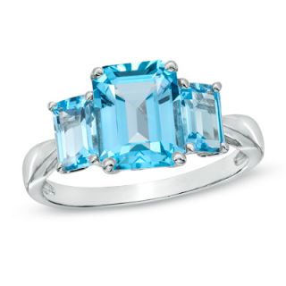 Emerald Cut Swiss Blue Topaz Three Stone Ring in 10K White Gold