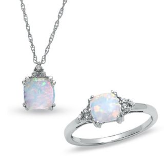 Lab Created Opal Ring and Pendant Set in 14K White Gold with Diamonds