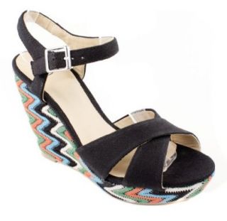 Gartel By Delicious Muti Color ZigZag CrissCross Ankle Strapped Platform Wedge in Black Canvas Sandals Shoes
