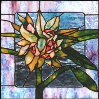 Lily Flower with Green Leaves   Etched Vinyl Stained Glass Film, Static Cling Window Decal   Stained Glass Window Panels