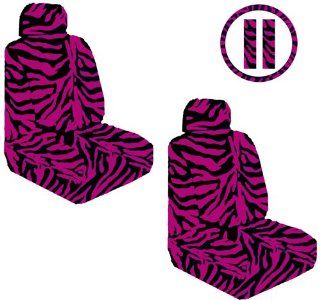 Dark Hot Pink Zebra Tiger Animal Print Front Car Truck SUV Low Back Bucket Seat Covers, Steering Wheel Cover and Seat Belt Pads   7PC Automotive