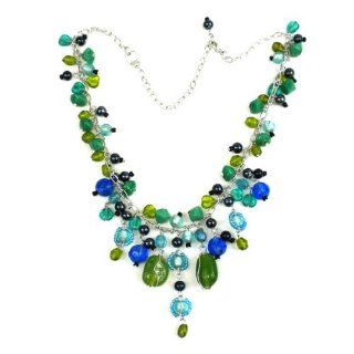 Silver Green and Blue Glass Bead Charm Necklace (India)
