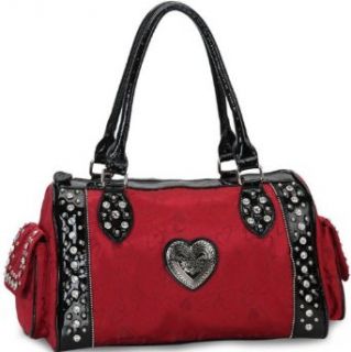 Designer Inspired Rhinestone Studded Satchel Handbag W/ Jacquard Fabric Heart Design Red/ Black Clothing