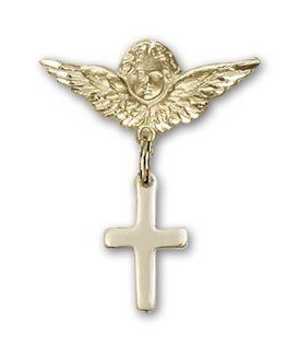 14kt Gold Baby Badge with Cross Charm and Angel w/Wings Badge Pin Jewelry