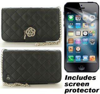Black Plush Faux Leather Folio Bling Flower Cover Case & Screen Protector for Apple iPhone 4S 4 Cell Phones & Accessories