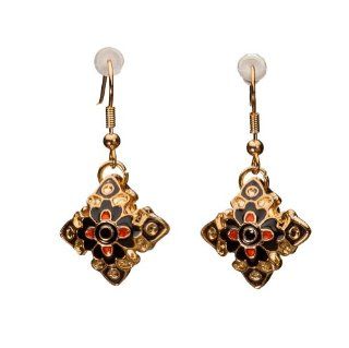 Womens Small Golden Bollywood Style Flower Motif Dangle Earrings Jewelry