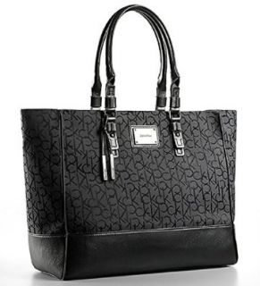 Calvin Klein Womens Logo Jacquard Fabric Shopper Tote Shoulder Bag Handbag (Black) Shoes