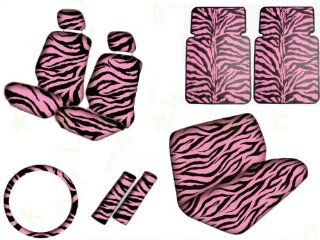 13 Piece Safari Animal Print Automotive Interior Gift Set   2 Zebra Black and Pink Low Back Front Bucket Seat Covers with Separate Headrest Cover, 1 Zebra Black and Pink Steering Wheel Cover, 2 Zebra Black and Pink Shoulder Harness Pressure Relief Cover, 1