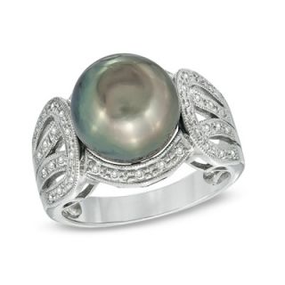 10.0   11.0mm Cultured Tahitian Pearl and 1/5 CT. T.W. Diamond Ring in