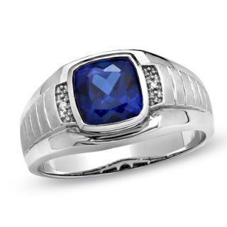 Mens Cushion Cut Lab Created Blue Sapphire and Diamond Accent Ring in