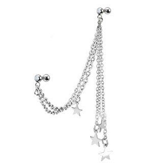 316L Surgical Steel Mutli Chain Linked Dangle Stars with Cubic Zirconia Double Cartilage/Tragus Barbell  16G (1.2mm)  1/4" in Length  Chain Approximately 7cm Long  Sold Individually Jewelry