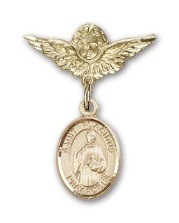 JewelsObsession's Gold Filled Baby Badge with St. Placidus Charm and Angel with Wings Badge Pin Jewels Obsession Jewelry