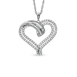 CT. T.W. Round and Baguette Diamond Heart Pendant in Sterling