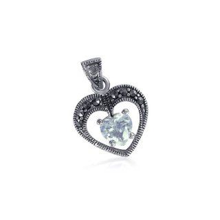 Sterling Silver Heart Shape Cubic Zirconia with Marcasite 22mm x 15mm Pendant Charm Jewelry