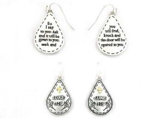 Silvertone Luke 119 "So I Say To You Ask And It Will Be Given To You; Seek And You Will Find; Knock And The Door Will Be Opened To You." Inspirational Theme Two Tone Earrings 