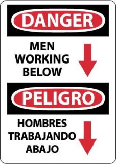 NMC ESD675PB Bilingual OSHA Sign, Legend "DANGER   MEN WORKING BELOW" with Graphic, 10" Length x 14" Height, Pressure Sensitive Adhesive Vinyl, Black/Red on White Industrial Warning Signs