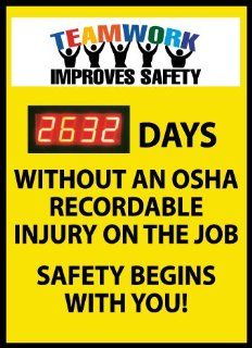 DIGITAL SCOREBOARD, TEAMWORK IMPROVES SAFETY, XXX DAYS WITHOUT AN OSHA RECORDABLE INJURY ON THE JOB SAFETY BEGINS WITH YOU, 28X20, .085 STYRENE 