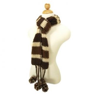 Knit Striped Scarf with Pom Poms   Different Colors Available, Brown