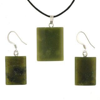 British Columbian Sepentine Jade Dome Rectangle Pendant and Earring Set   Pendant 18mm x 22mm, Earrings 14mm x 18mm   Adjustable Cord Necklace Jewelry Sets Jewelry