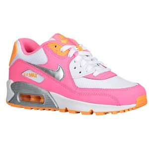 Nike Air Max 90 2007   Girls Grade School   Running   Shoes   White/Pink Glow/Atomic Mango/Metallic Silver