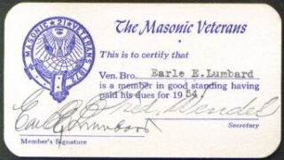 Masonic Veterans Membership Card 1954 Entertainment Collectibles