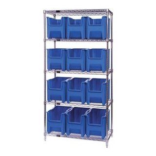 Quantum Storage Systems WR5 600BL 5 Tier Complete Wire Shelving System with 12 QGH600 Blue Giant Stack Bins, Chrome Finish, 18" Width x 36" Length x 74" Height