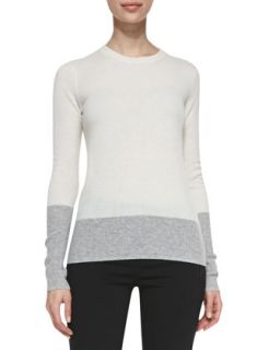 Womens Crewneck Colorblock Cashmere Sweater, White/Heather Steel   Vince  
