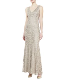 Womens Sleeveless V Neck Embroidered Gown, Taupe   David Meister   Taupe (4)