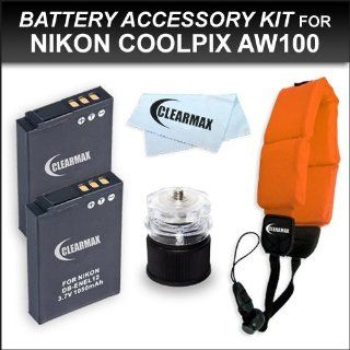 Clearmax 2 Pack Battery Kit for Nikon Coolpix AW100 Waterproof Digital Camera Includes 2 Extended Replacement EN EL12 Batteries + Floating Strap + Cap Tripod + Microfiber Cleaning Cloth  Digital Camera Accessory Kits  Camera & Photo